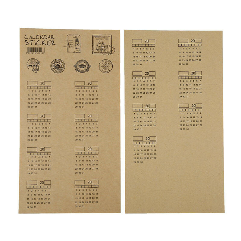 Adesivo feito à mão para calendário, 4 folhas, 2020 papel kraft retrô, índice de caderno, adesivo para calendário, organizador de papelaria kawaii