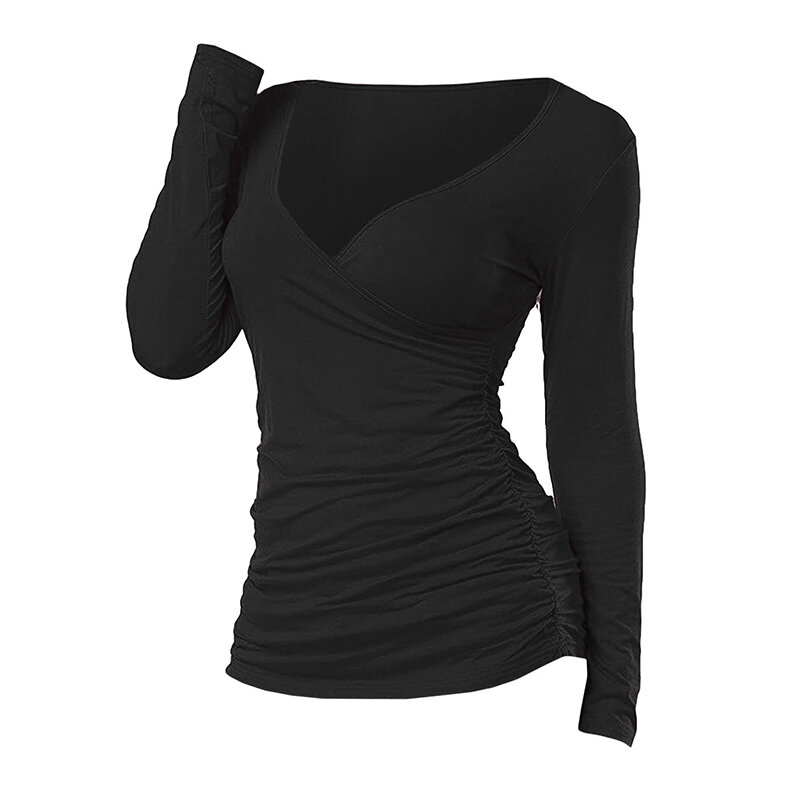 고딕 여성 블랙 셔링 플런징 긴 소매 티셔츠, 가을/봄 v넥 캐주얼 솔리드 여성 탑스 티셔츠 3XL