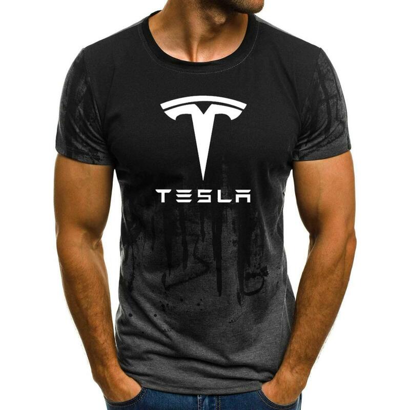 Nam Nữ Tay Ngắn Tesla Logo Xe Hơi Nam Áo Thun Mùa Hè Áo Cotton Gradient T Áo Sơ Mi Thời Trang Hip Hop Bông Tai Kẹp Nam Thương Hiệu tee