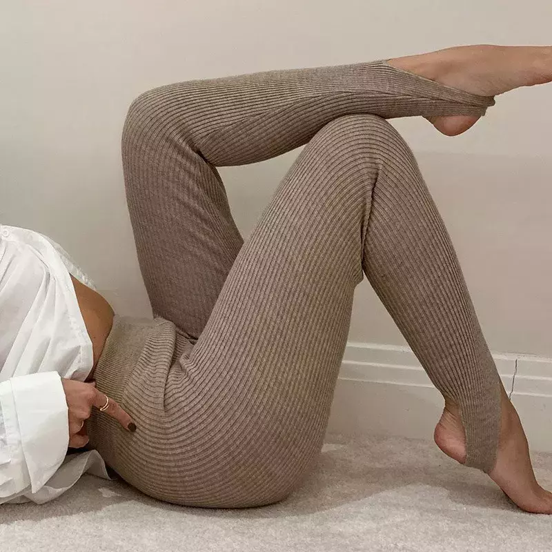 Quần Legging Nữ Màu Be Gân Đan Cao Cấp Cotton Tập Thể Hình Cơ Bản Yoga Đơn Giản Mùa Xuân Mới Tất Cả Trận Đấu Nữ Skinny quần Legging