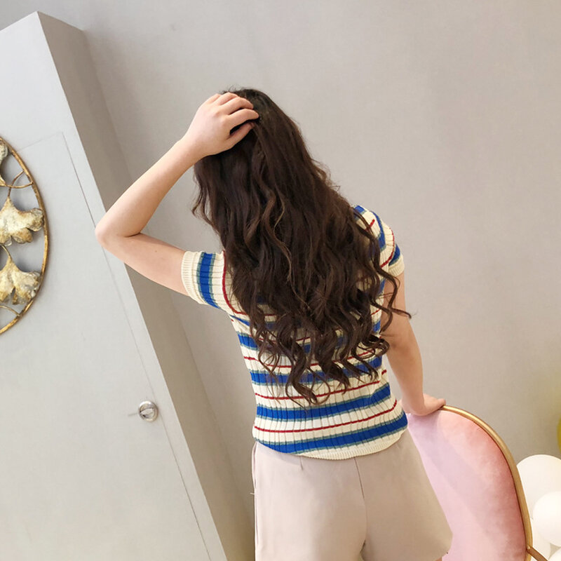 Spring and Summer Tricolor Stripe Knitted Short Sleeved Sweater T-shirt Female Slim Slim Pullover Bottomed Top Anime Tops Women
