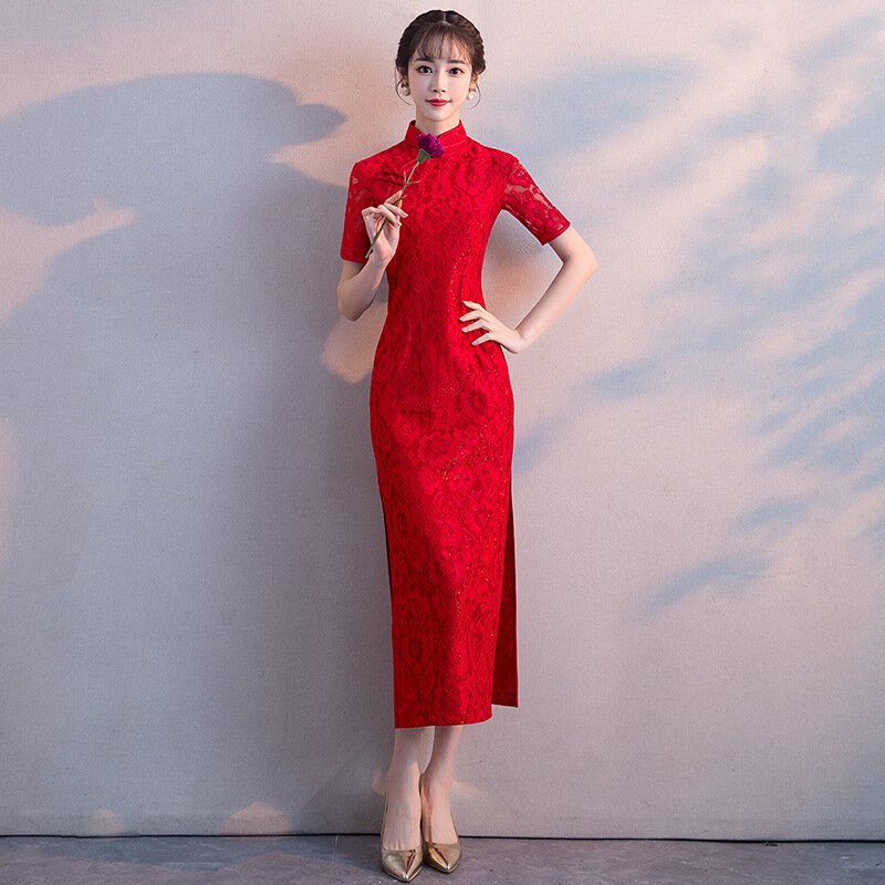 Falda Cheongsam de longitud media para mujer, estilo chino para novia, tostado, rojo vino y rojo, para Primavera, novedad de 2022