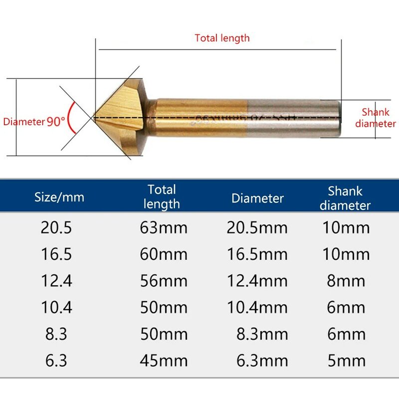 6 pçs hss 90 graus 3 flauta contrapia broca titânio revestido chanfro cortador chanfradura broca 6.3/8.3/10.4/12.4/16.5/20.5mm
