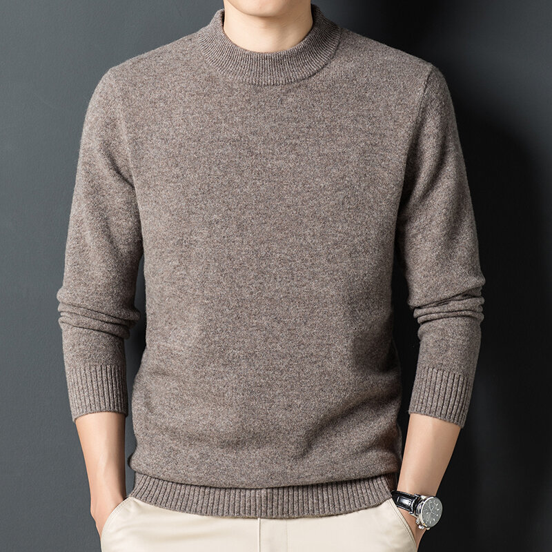100% ピュアウールセーター男性用ハーフハイカラー秋冬、ゆったりとした厚手のカシミア暖かいセーター。