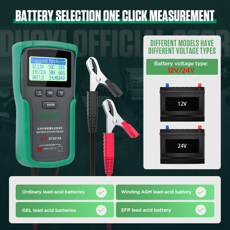 Duoyi dy2015a 12v 24v testador de bateria carro multímetro digital ferramentas chumbo ácido cca carga bateria teste tester capacidade da bateria