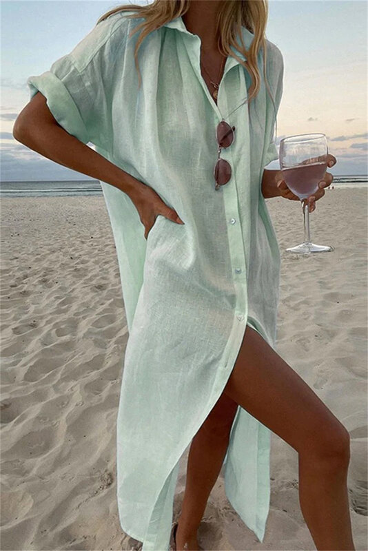 2023 Solid Color Cotton Linen Women Elegant Casual Party Summer Lapel Button Split Mid Length Shirt Beach Dress Bikini Cover-ups