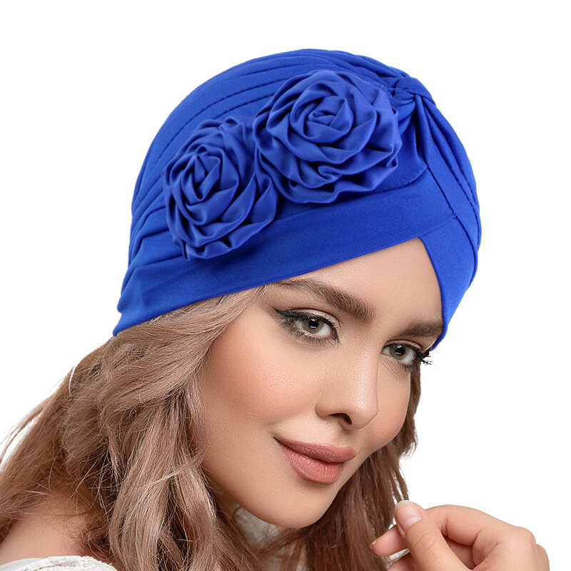 Turbante elástico con volantes para mujer, gorro de doble flor, indio, musulmán, islámico, accesorios para el cabello, novedad