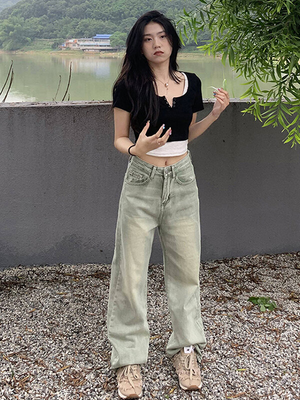 Calças de brim femininas soltas em linha reta moda streetwear y2k bolsos casuais lavados calças jeans coreano retro harajuku hip hop jean