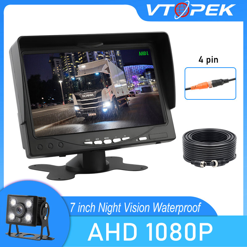 Vtopek-cámara de visión trasera AHD para coche, Monitor de pantalla LCD de 7 pulgadas, 1080P, sistema de aparcamiento, visión nocturna, impermeable, para camión, autocaravana