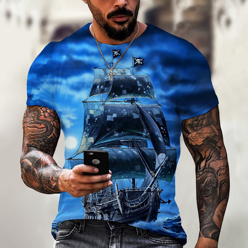 Camisetas Vintage de Barco Pirata para hombre, camisa de manga corta con cuello redondo y estampado 3D, de gran tamaño
