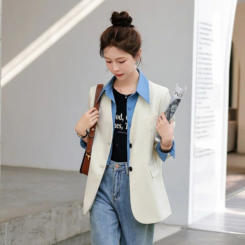 2023 Nep Tweedelig Wit Jasje Vrouwen Pakken Lente Zwarte Jas Blazers Contrasterende Kleur Koreaanse Stijl Mode Stiksel Shirt