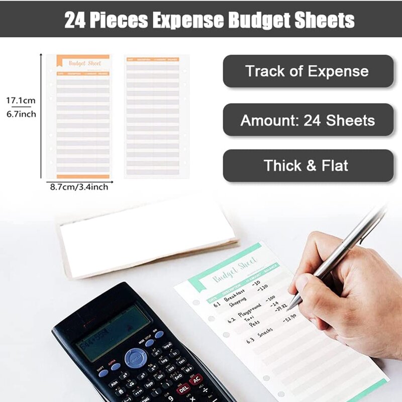 A6 Notebook Budget Binder With PU Leather Cover, 8 Plastic Binder Pockets And 24 Expense Budget Sheets