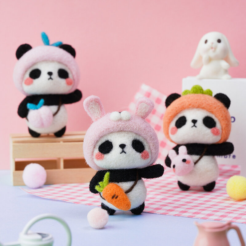 Kit de fieltro de Panda, paquete de fieltro de lana de Animal, no terminado, regalo hecho a mano, juguete, decoración de coche de muñeca