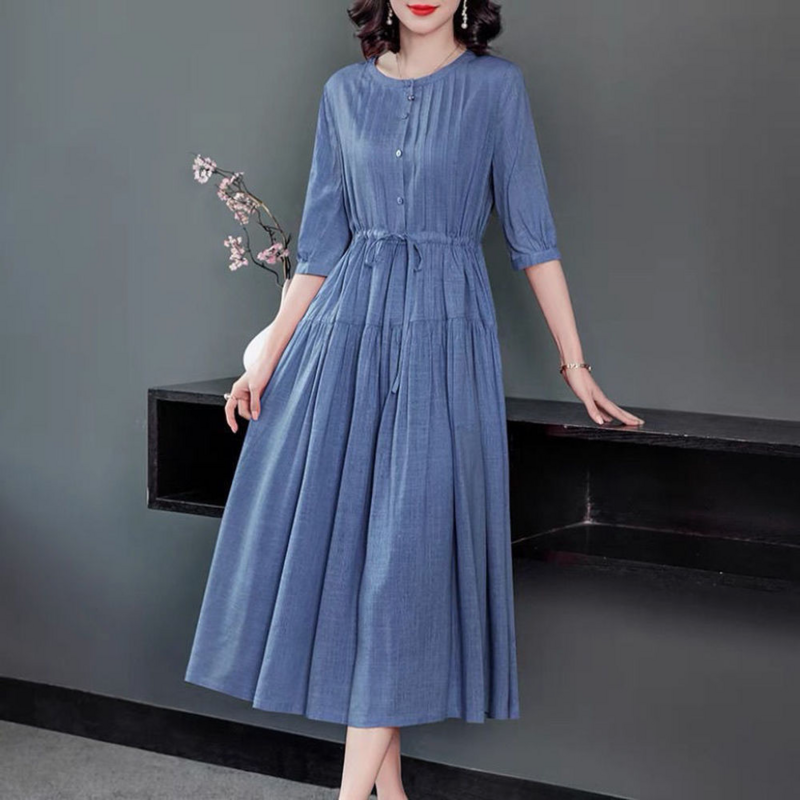 Xuân Hè Vintage Pháp Dài Đầm Dự Tiệc Unif Dài Nữ Dresse Đầm Hàn Quốc Sang Trọng Quần Áo Cao Cấp Vải Lanh Cotton Áo