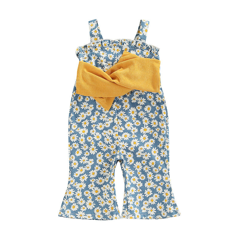 Newborn Baby Girl's Jumpsuit Summer Suspender Sleeveless Daisy Printed Playsuits Patchwork Bowknot Decorated Romper