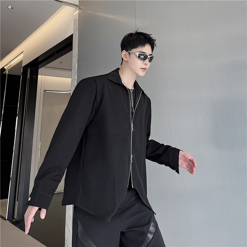 Blus Longgar Pakaian Jalan Ritsleting Ganda Bantalan Bahu Desainer Kaus Asli Anak Laki-laki Lengan Panjang Atasan Tari Pria Pakaian Gaya Korea