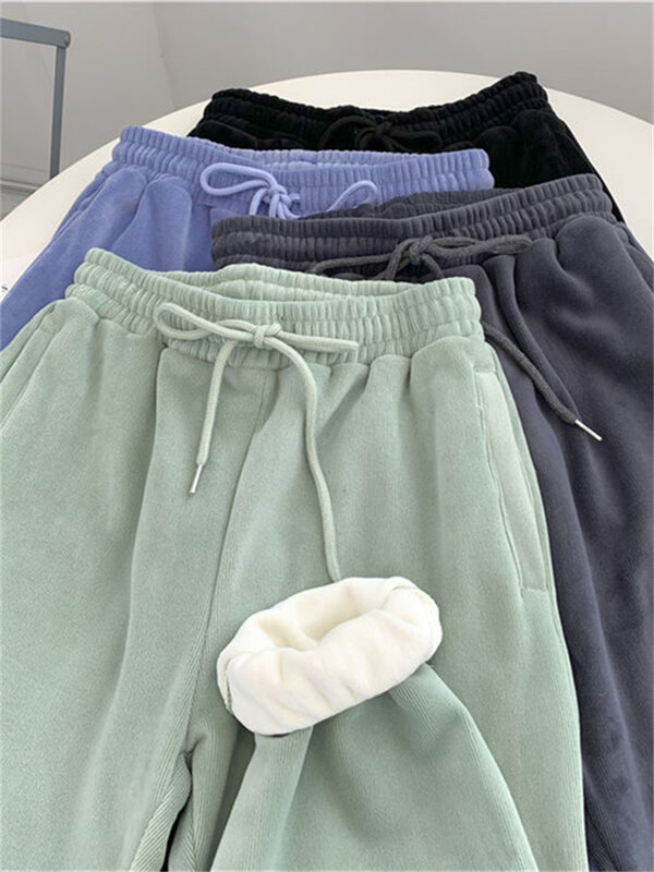 QWEEK-pantalones de chándal de lana para mujer, chándal informal Harajuku de pierna ancha, holgados, de gran tamaño, moda coreana, para correr, Invierno