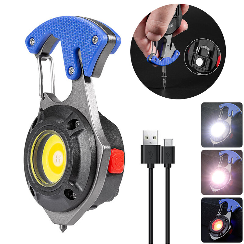 Multi-function COB LED Flashlight Outdoor USB C Rechargeable Keychain Light Hook Strong Magnet Screwdriver Hammer Emergency Lamp