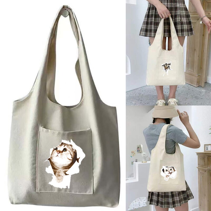 Saco de compras senhora mensageiro um-ombro portátil colete saco bonito gato impressão grande bolso viagem eco-friendly sacos de armazenamento
