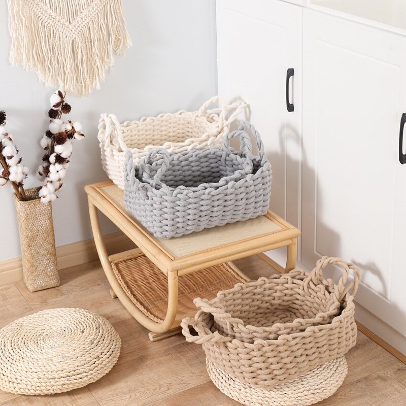 1 pçs linha de algodão nórdico mão-tecido cesta de armazenamento grosseira corda simples desktop organizador caixa de brinquedo do bebê lanche chave pano cosméticos sol