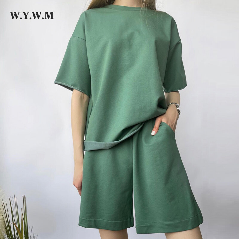 WYWM Summer Short Sleeves Sets Women Casual Loose Two Pieces Cotton T Shirts High Waist Female Shorts Solid Harajuku Tracksuit