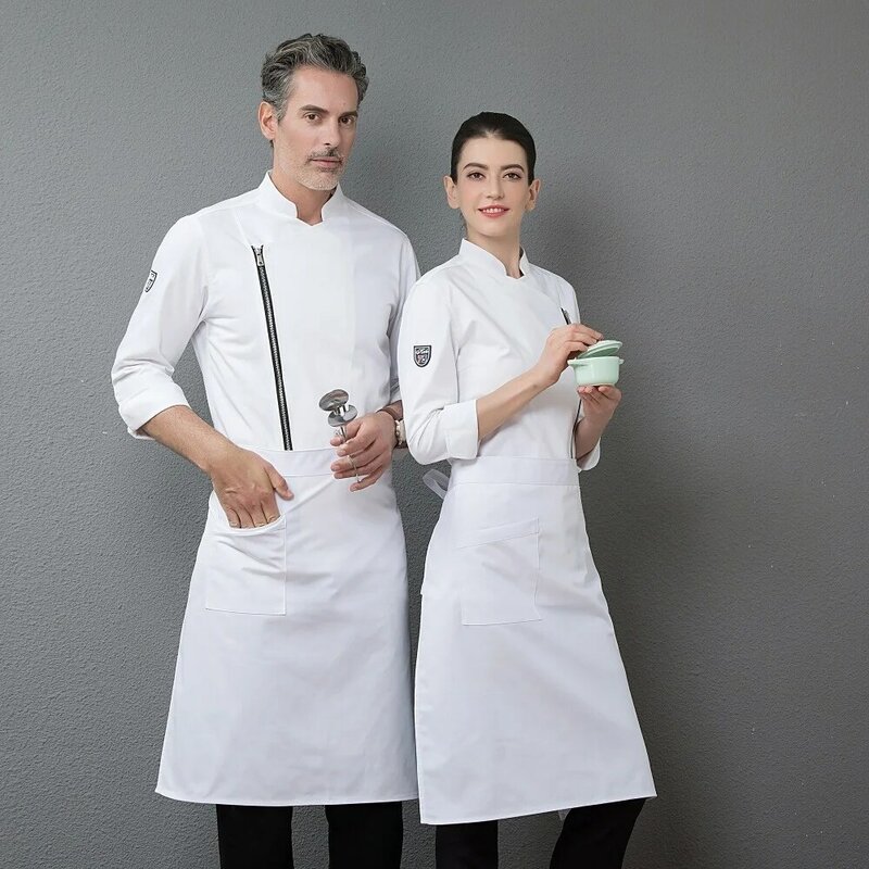 M to 4XL Big Size Chef Master Zip Jacket and Apron Set Hotel High Quality White Chefs Coat Western Restaurant Zipper Work Wear