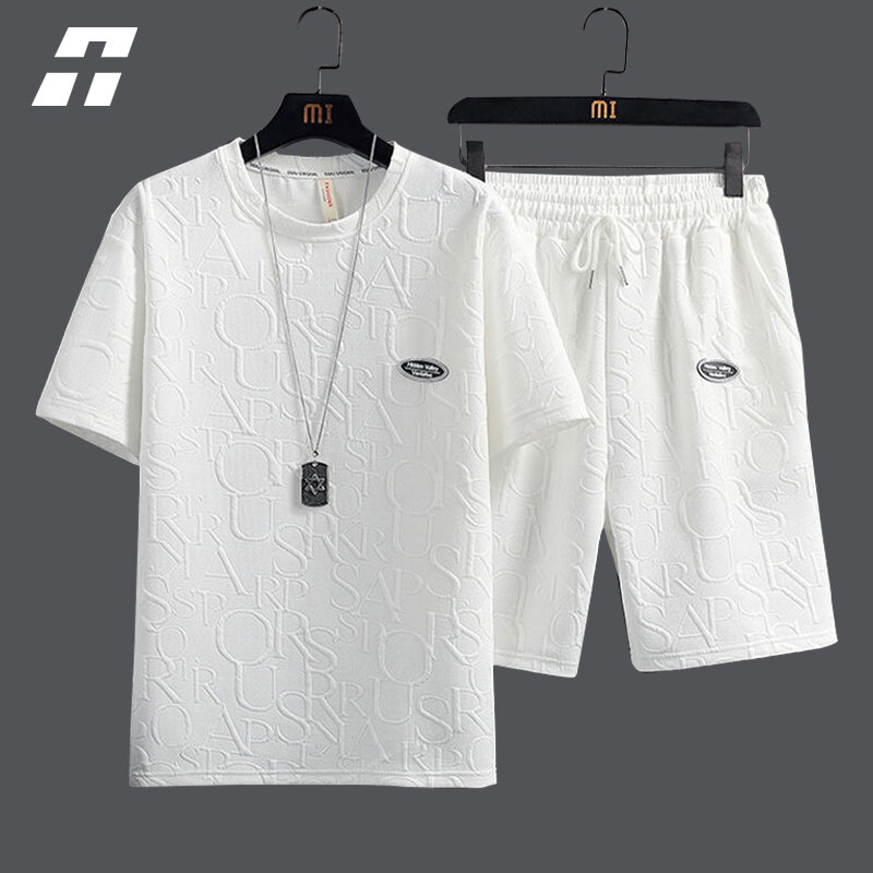 Chándal de verano para hombre, conjunto de 2 piezas, camiseta con letras 3D, pantalones cortos, ropa de calle de Hip-Hop, moda, conjuntos de manga corta