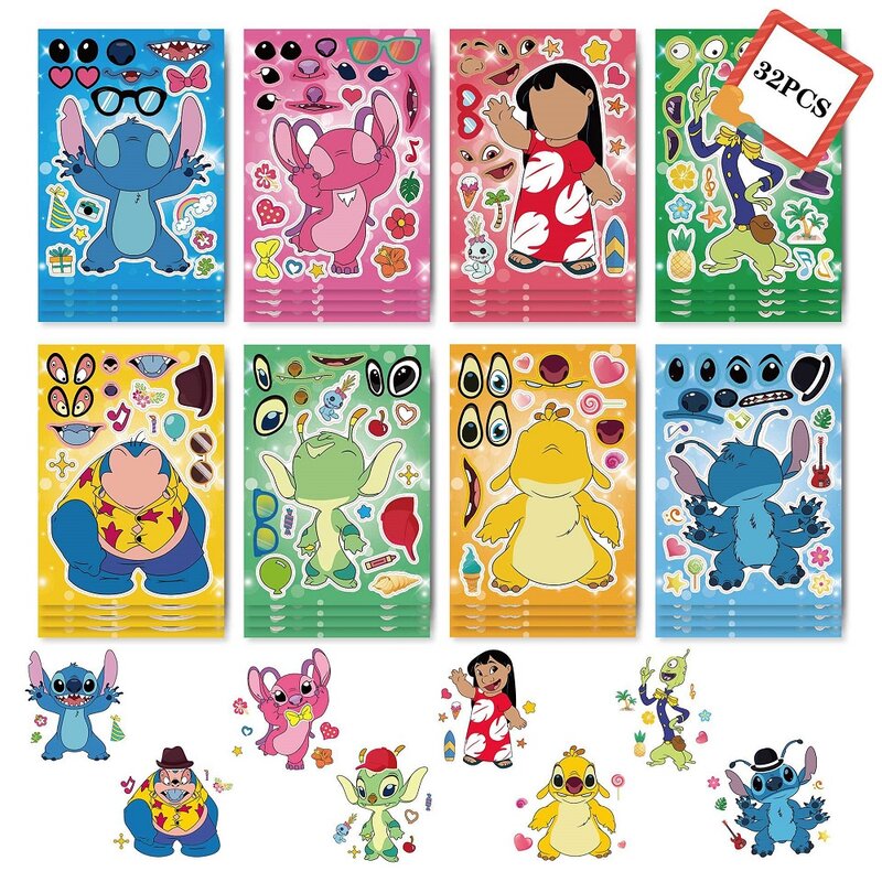16 buah/set Stitch stiker Puzzle anak-anak Disney rias wajah lucu merakit Jigsaw DIY stiker kartun mainan edukasi anak-anak