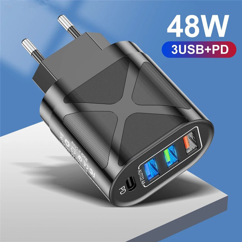 48W USB 충전기 고속 충전 QC 3.0 벽 충전 아이폰 13 12 11 삼성 샤오미 모바일 4 3 포트, EU 미국 플러그 어댑터 여행