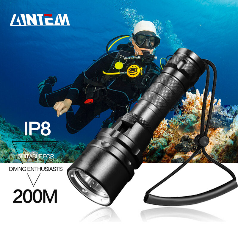 Super brilhante 20000lm mergulho lanterna ip8 classificação à prova dwaterproof água profissional luz alimentado por 18650 bateria com corda de mão