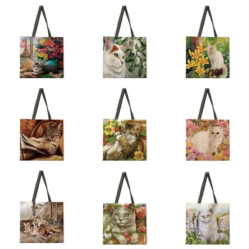 Sac de shopping réutilisable imprimé chat et vie, sac à bandoulière en lin pour dames, sac de plage en plein air, sac quotidien