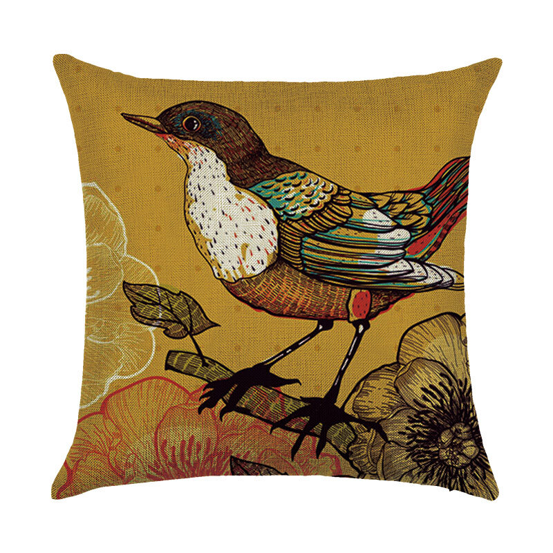 Zhenhe牧歌的なペイント鳥パターンリネン枕ケース家の装飾クッションカバーの寝室ソファ装飾枕カバー18 × 18インチ