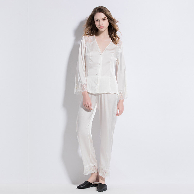 19 Momme Pure Silk Pajamas Lace 100% Mulberry Silk Long Sleeve Trouser Female Real Silk Homewear Summer Sleepwear Women Pijama
