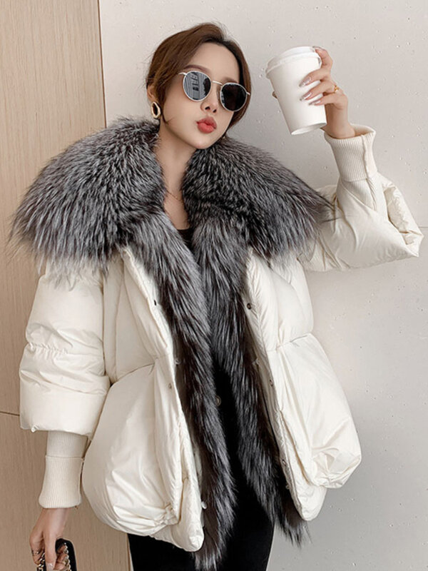 2023 New Autumn 90 Winter Goose Down Jacket Warm Women Coat Oversized Real Fox Fur Collar Thick Luxury Fashion Outerwear