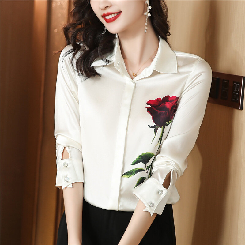 새틴 여성 셔츠, 꽃무늬 패턴, 버튼다운 블라우스, 핸드페인팅, 여름