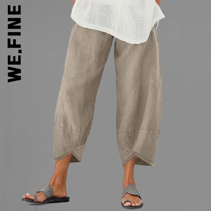 We. Piękne kobiety Harem Pants Cotton Linen z rozciągliwą talią, szeroka nogawka spodnie Vintage Casual jednolite, z kieszeniami luźna przycięta spodnie damskie