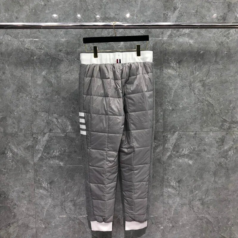 THOM Trousers Men's Winter Side Edge White 4-Bar Stripe Diamond Lattice Sweatpant Cotton-Padded Patchwork Gray TB Pants