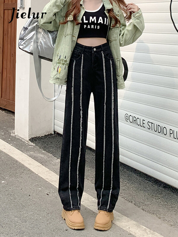 Jielur jeans preto em linha reta cintura alta rebarbas tarja retalhos jeans mulher coreano high street retro lavado calças compridas S-XL