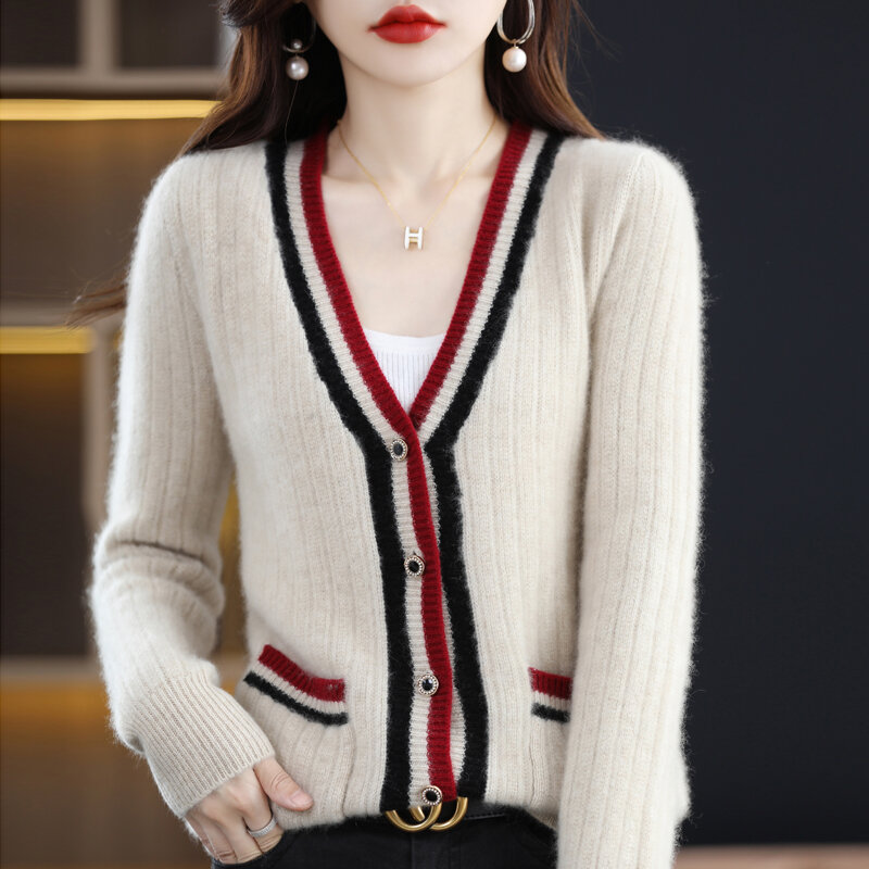 Novo outono e inverno 100% puro cashmere cor combinando com decote em v casaco de lã de malha joker solto suéter feminino