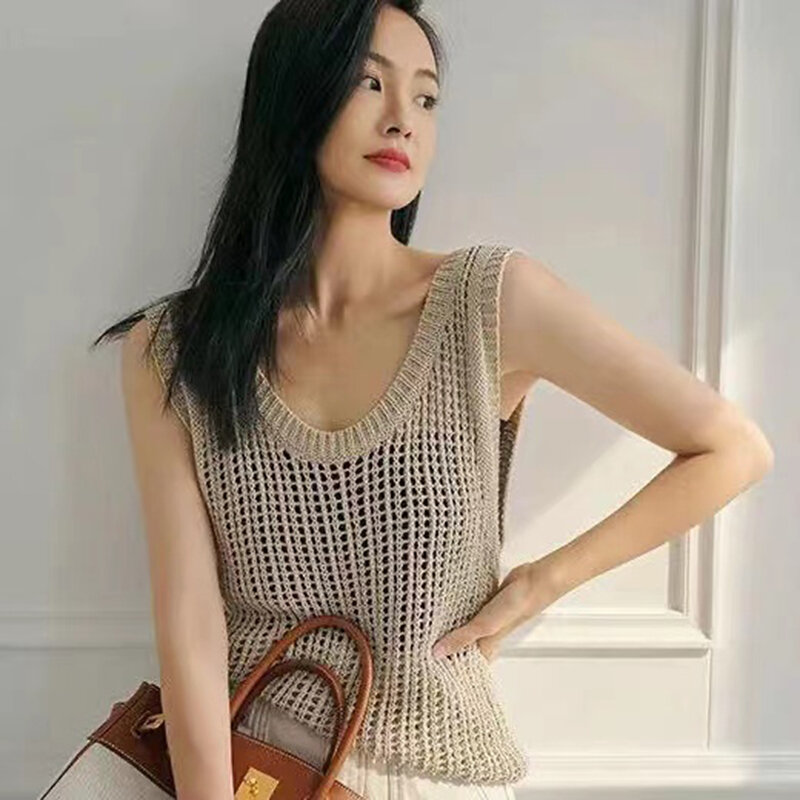 2022 Summer Ice Silk Condole Belt Vest Shaft Knitting Hollow-out Sleeveless H Grid Unlined Upper Garment To Take