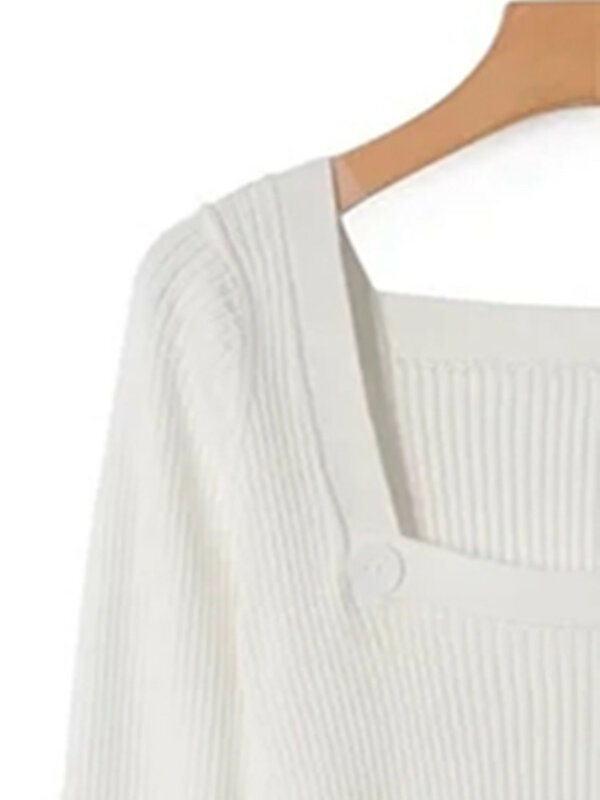 Pull tricoté côtelé extensible pour femme, vêtement à deux pièces, col carré, blanc ou noir, Slim