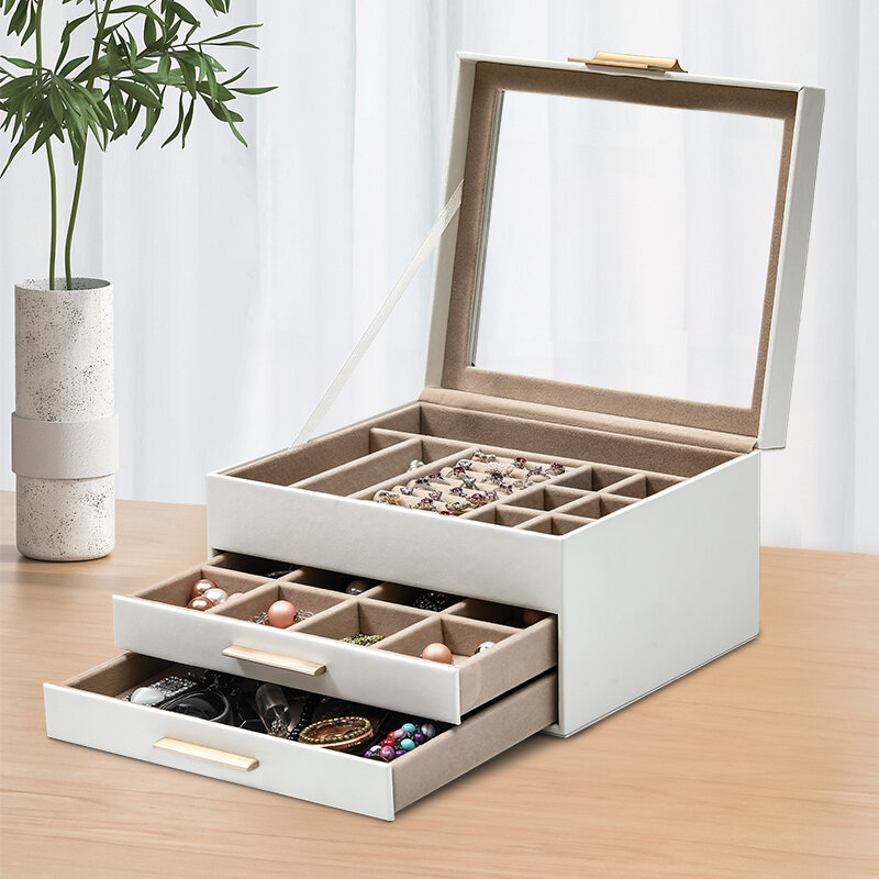 3-Layers Jewelry Organizer Box Leather Large Capacity Jewelry Boxes Necklace Earrings Transparent Glass Storage Case