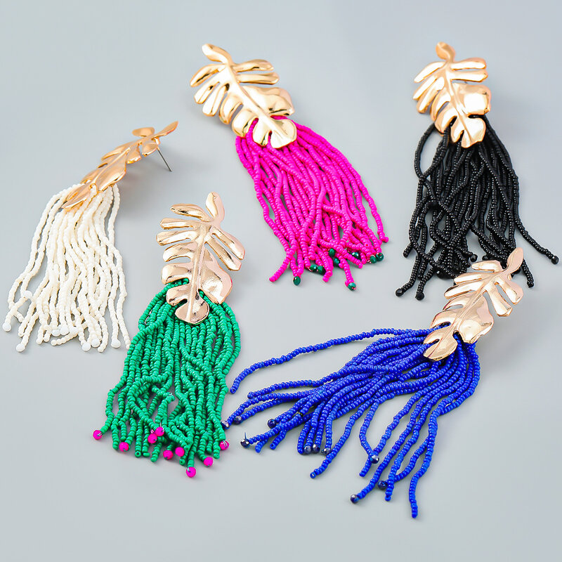 Retro Style Alloy Leaves Long Rice Bead Tassel Earrings Women'S Bohemian Ethnic Earrings