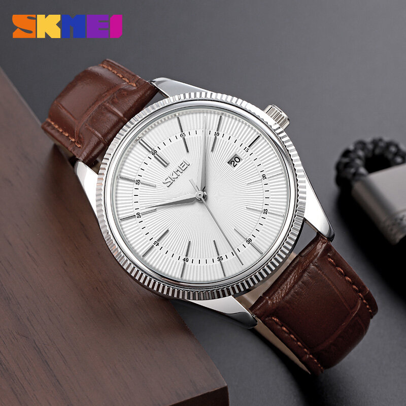 SKMEI แฟชั่นนาฬิกาควอตซ์หรูหราหนัง Casual นาฬิกาข้อมือผู้ชายแบบเรียบง่ายนาฬิกาปฏิทิน100% Original ชั่วโม...