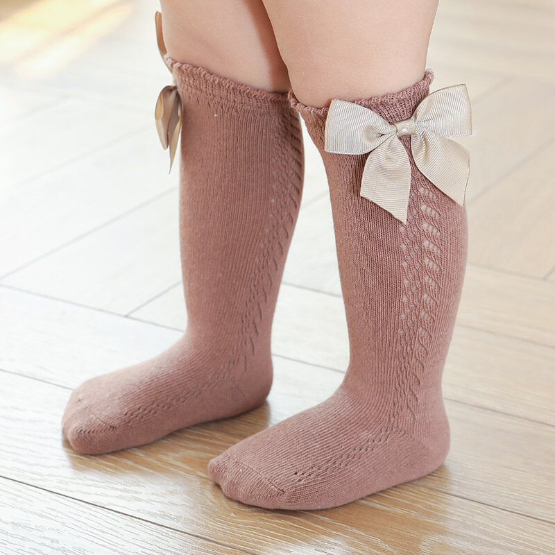 Милые вязаные кружевные длинные носки для новорожденных принцесс детские однотонные сетчатые Детские простые носки с бантом для девочек
