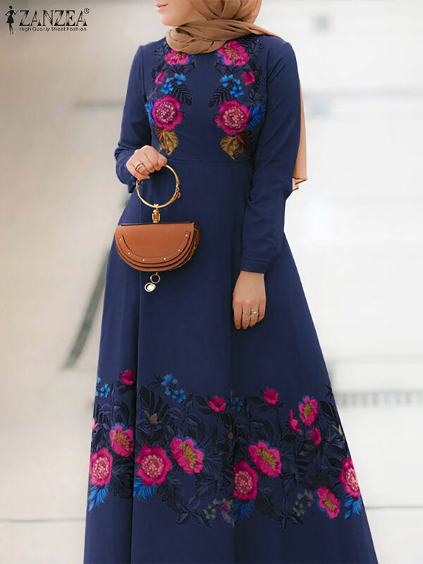 Gaun Muslim Motif Cetak Mode Gaun Matahari Berlipat Wanita ZANZEA 2023 Gaun Maxi Lengan Puff Kasual Vestidos Wanita Jubah Turki Bunga