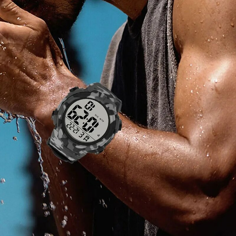 SYNOKE jam tangan olahraga pria, jam tangan militer 50M tahan air angka besar Digital multifungsi untuk pria