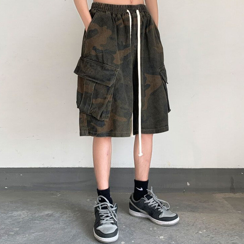 Sommer High Street Gewaschen Alte Design Overalls Shorts Männer Flut Marke Hip Hop Lose Beiläufige Elastische Taille Camouflage Cropped Hosen