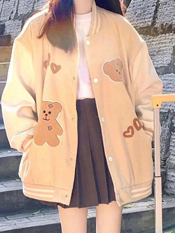카와이 걸스 귀여운 야구 유니폼 한국 하라주쿠 만화 곰 자수 재킷, 2022 가을 느슨한 캐주얼 재킷 여성 탑