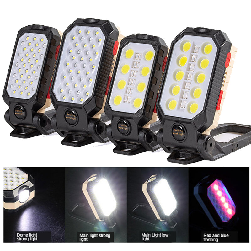 Luz de trabajo COB portátil, linterna LED ajustable recargable por USB, impermeable, diseño magnético para acampar, con pantalla de alimentación